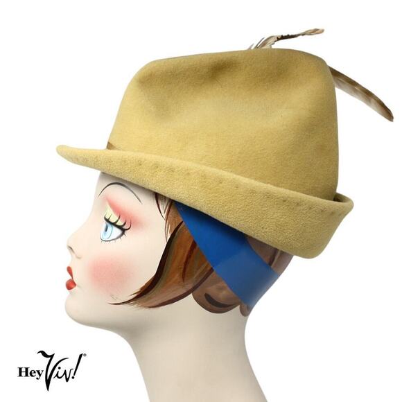 Vintage Mr John Hat 1960s Gold Felt Fedora Feather Plume Made in Italy - Hey Viv main image 4